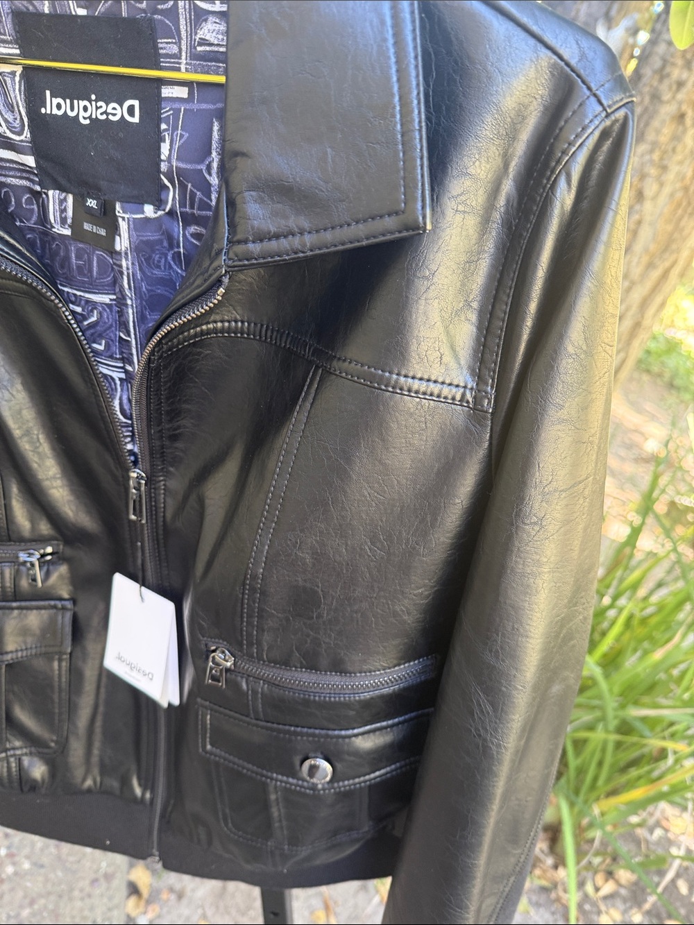 Desigual Black Faux Leather Bomber Jacket with Decorative Lining - Picture 4 of 4